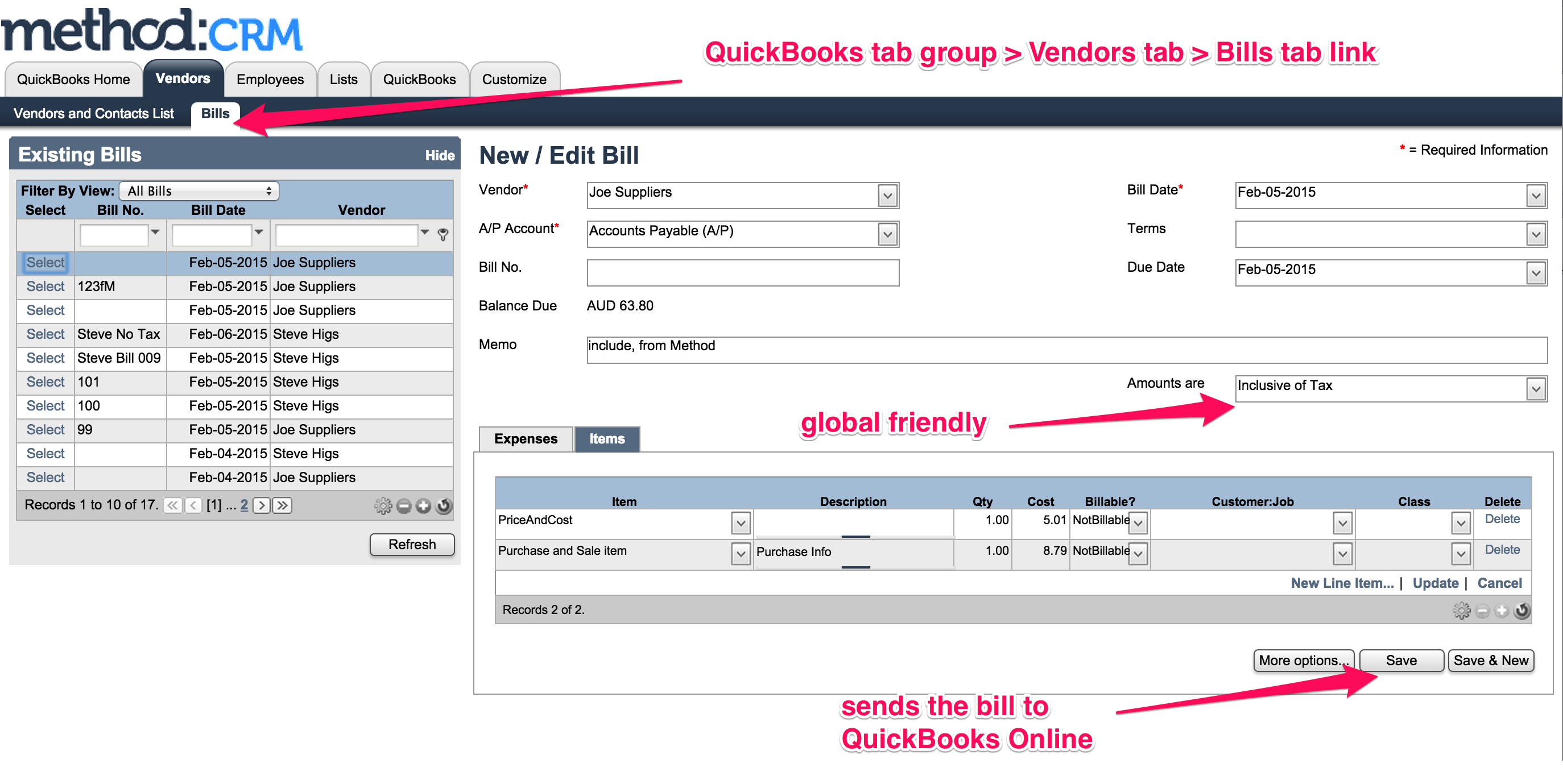 Method syncs with QuickBooks Online Bills